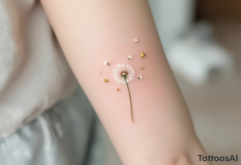 A delicate dandelion tattoo with soft white seed tufts, gently floating away in the wind, transforming into tiny golden hearts. The stem is a thin, elegant line in a subtle gradient of emerald green and soft brown, adding a natural touch. The seeds are carried by a gentle breeze, fading into a dreamy watercolor effect of pastel pink, lavender, and sky blue, symbolizing wishes, love, and new beginnings tattoo idea