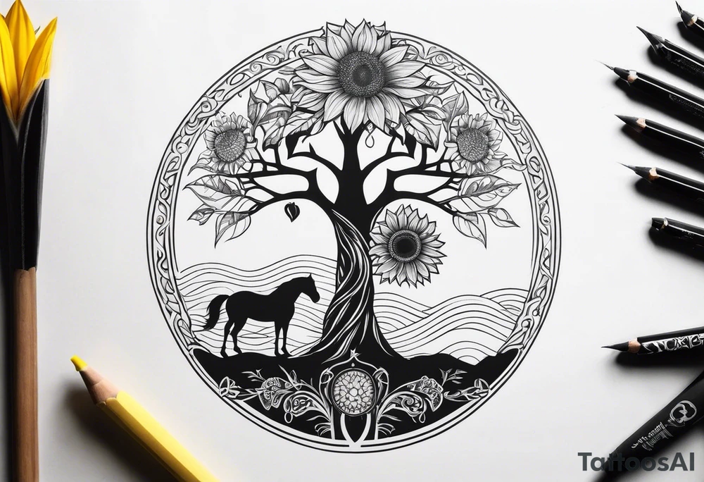 Yggdrasil tree, horse, sunflower tattoo idea