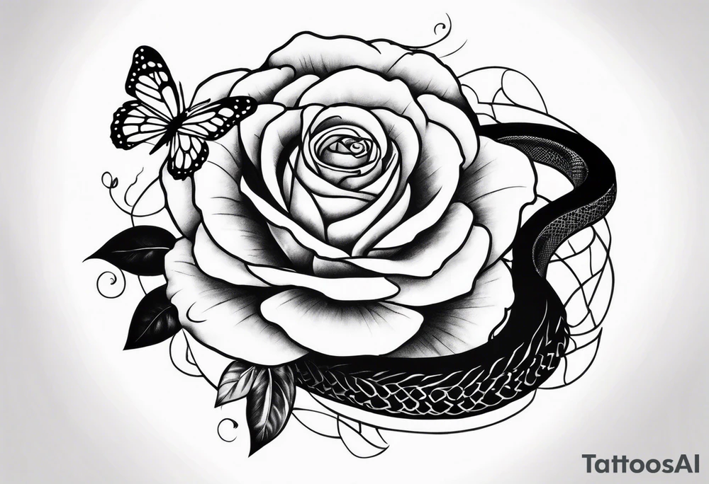 a rose with a snake wandering around it and a small butterfly resting on it tattoo idea