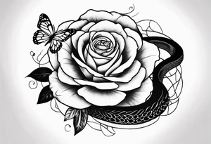 a rose with a snake wandering around it and a small butterfly resting on it tattoo idea