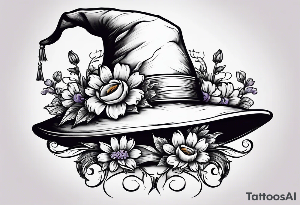 A witch hat tattoo with two ribbons coming down to form a loose bow and daisies and lavender adorning the brim tattoo idea