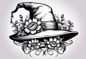 A witch hat tattoo with two ribbons coming down to form a loose bow and daisies and lavender adorning the brim tattoo idea