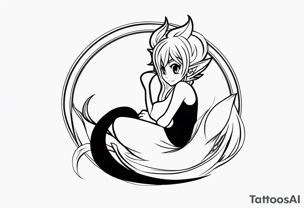 A fairy with a tail inspired by the logo of the show called Fairy Tail in a fetal position leaning in tattoo idea