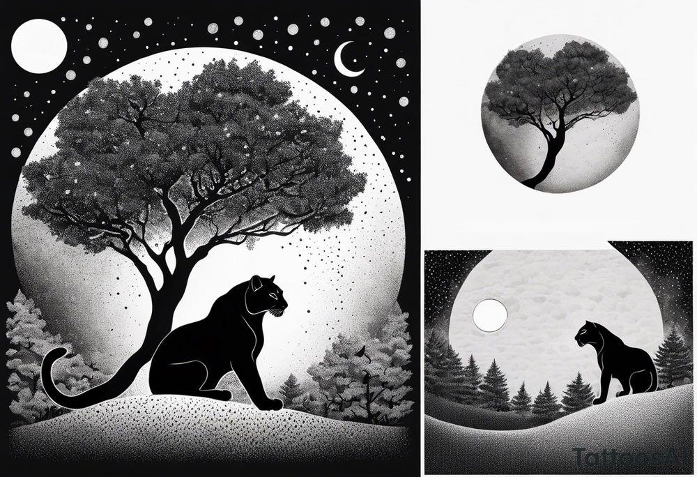 panther and a tree landscape moon tattoo idea