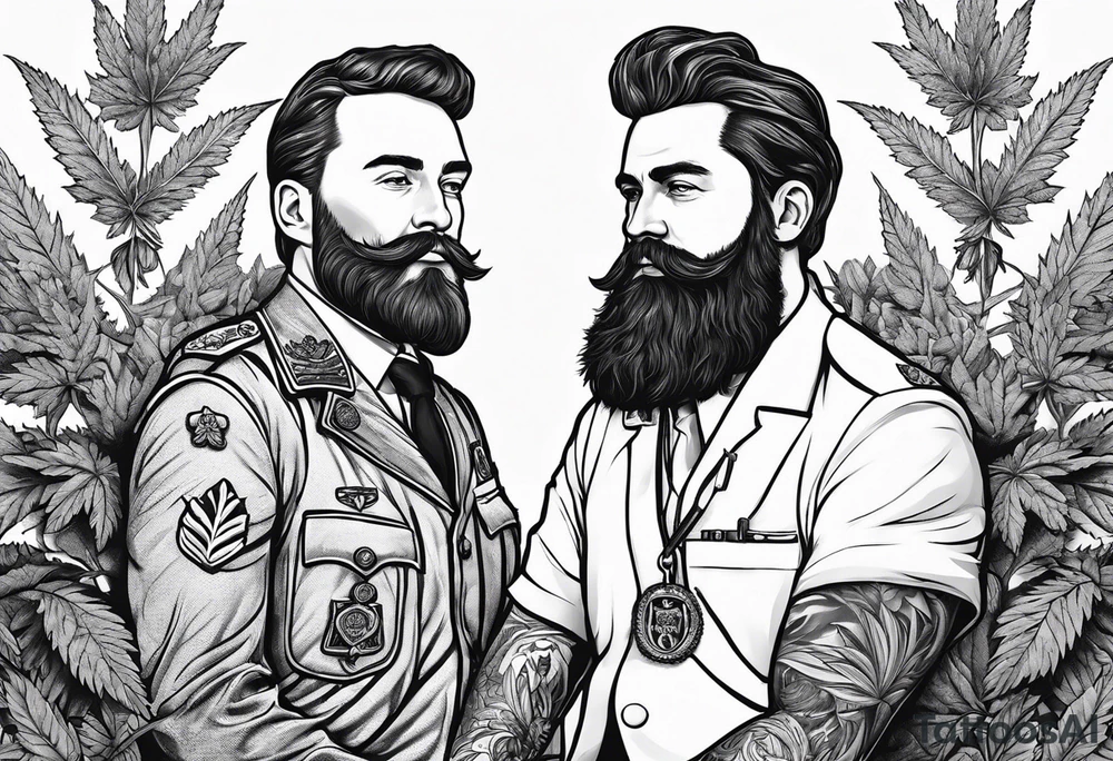 big irish guy with beard and german military doctor sitting on a cannabis plant tattoo idea