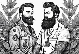 big irish guy with beard and german military doctor sitting on a cannabis plant tattoo idea