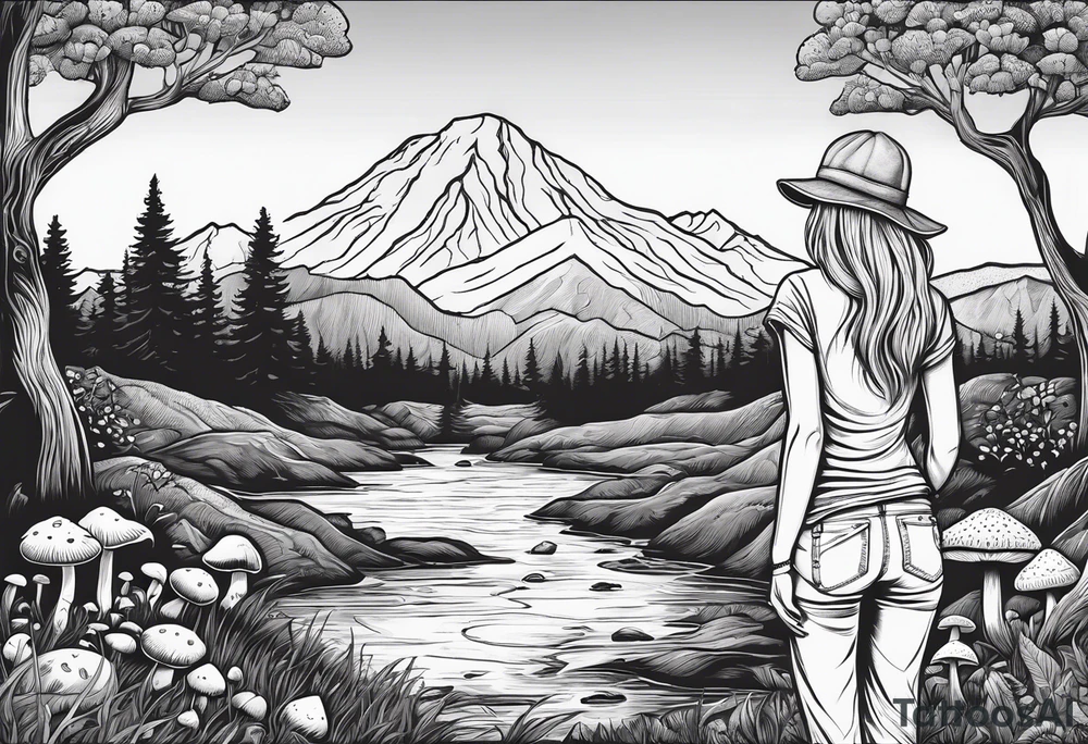Straight long blonde hair hippie girl in distance holding mushrooms in hand facing away toward mountains and creek surrounded by mushrooms tee shirt and hiking pants tattoo idea