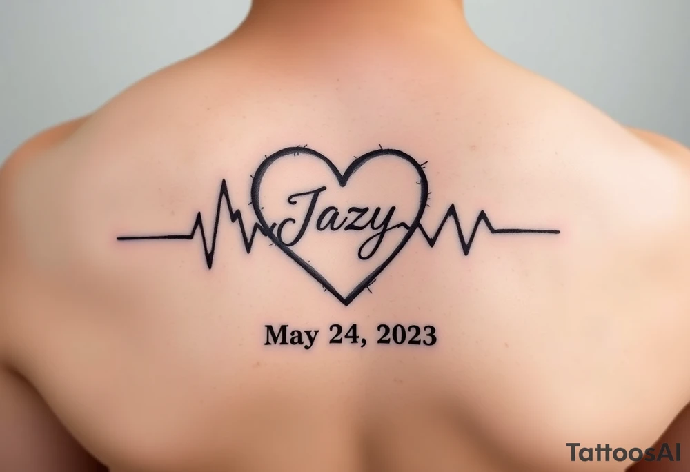 faded heart beat outline for a deceased best friend with the name Jazy and the date May 24,2023 
incorporated tattoo idea