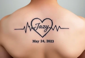 faded heart beat outline for a deceased best friend with the name Jazy and the date May 24,2023 
incorporated tattoo idea