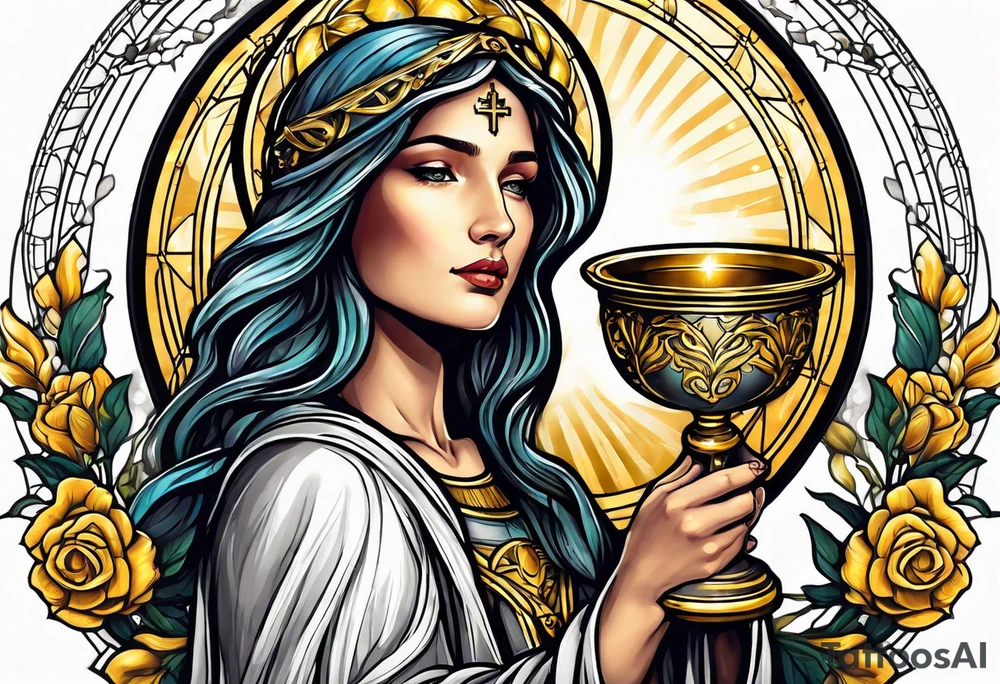 holy saint woman turned away with golden halo holding a chalice tattoo idea