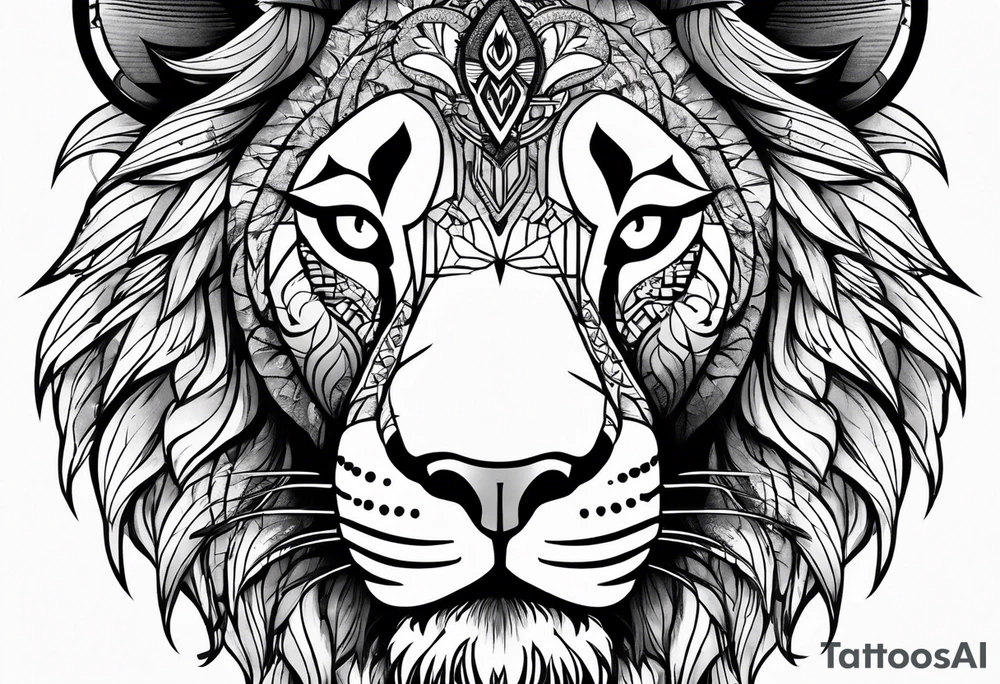 Lion face on thigh w medala tattoo idea