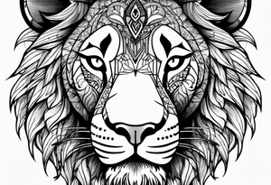 Lion face on thigh w medala tattoo idea