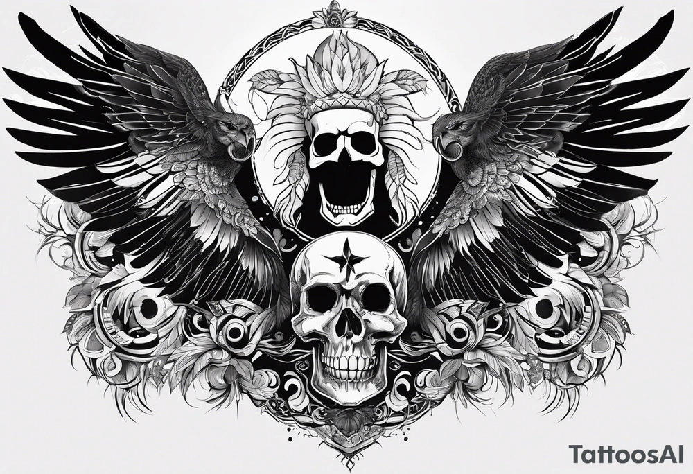 black kali, goddess pirate, pachamama, valkrye, warrior, skull, lotus azul, wing, eagle, zenza resonance, stars, one side chest tattoo idea