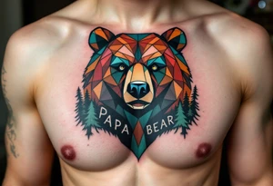 A geometric-style bear in forest colors with “Papa Bear” etched into the fur. tattoo idea