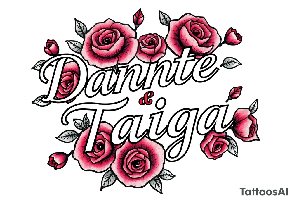 names "Dante" and "Taiga" surrounded by roses tattoo idea