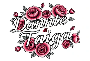 names "Dante" and "Taiga" surrounded by roses tattoo idea