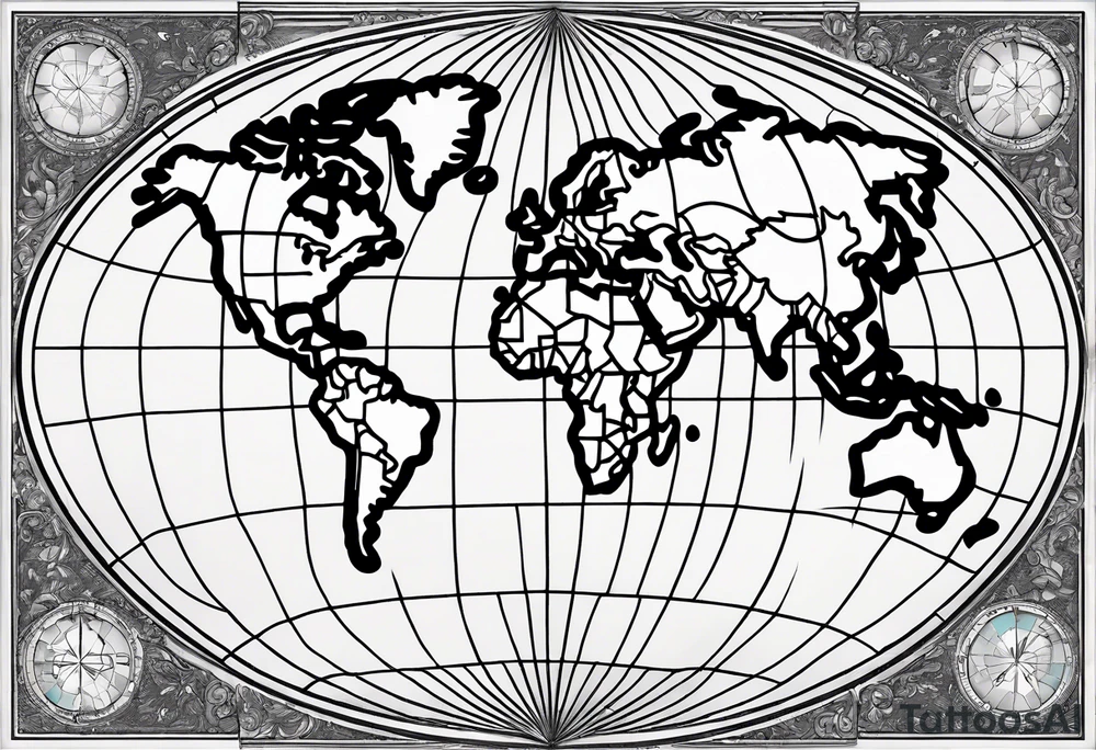 the earth on a flat map with no shading placed on a grid with only the lines with accurate depictions of the borders in countries while having it in an oval/circular position on a grid without any borders on the sides while having the countries not have such bold borders tattoo idea