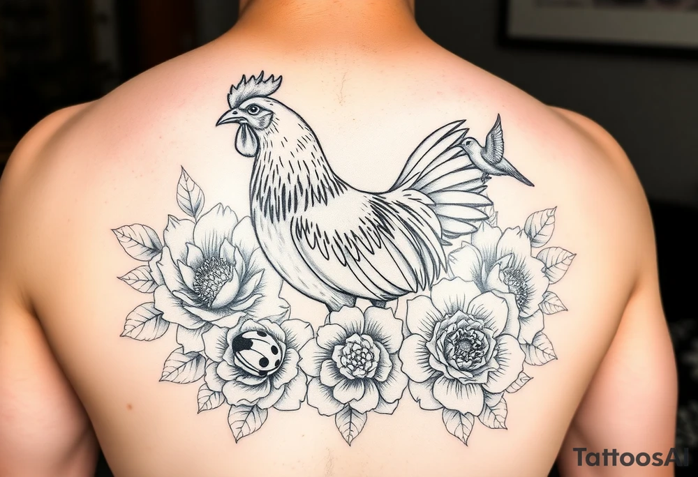 A chicken surrounded by peony , roses and hydrangeas with ladybug on flowers petal with hummingbird tattoo idea