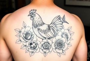 A chicken surrounded by peony , roses and hydrangeas with ladybug on flowers petal with hummingbird tattoo idea
