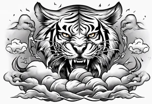 A thundergod tiger forearm sleeve tattoo, with lightning and clouds filling the area tattoo idea