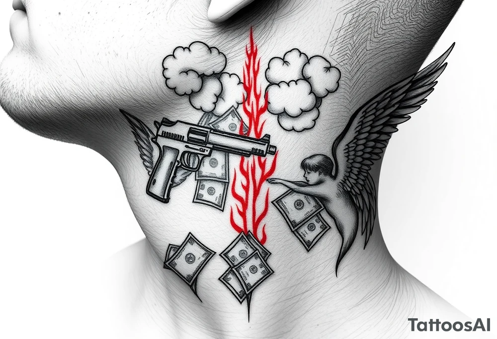 deepfull description of details with clouds,fire guns, money,angels and red tattoo idea