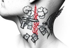 deepfull description of details with clouds,fire guns, money,angels and red tattoo idea