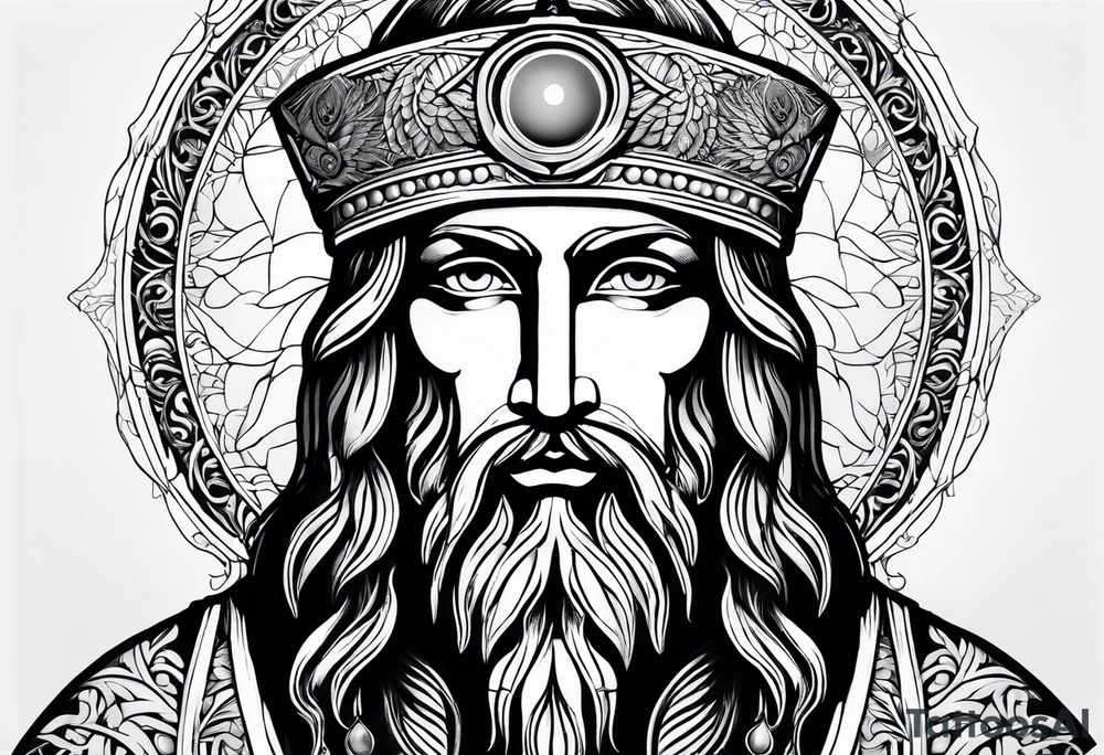 flat stern byzantine Christ with all-demanding eyes with a halo made of peacock feathers and pecan trees tattoo idea