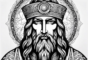 flat stern byzantine Christ with all-demanding eyes with a halo made of peacock feathers and pecan trees tattoo idea