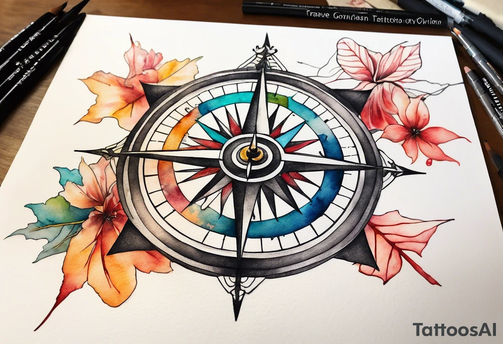 Travel themed for thigh, compass rose overlaid with a map spilled watercolor tattoo idea