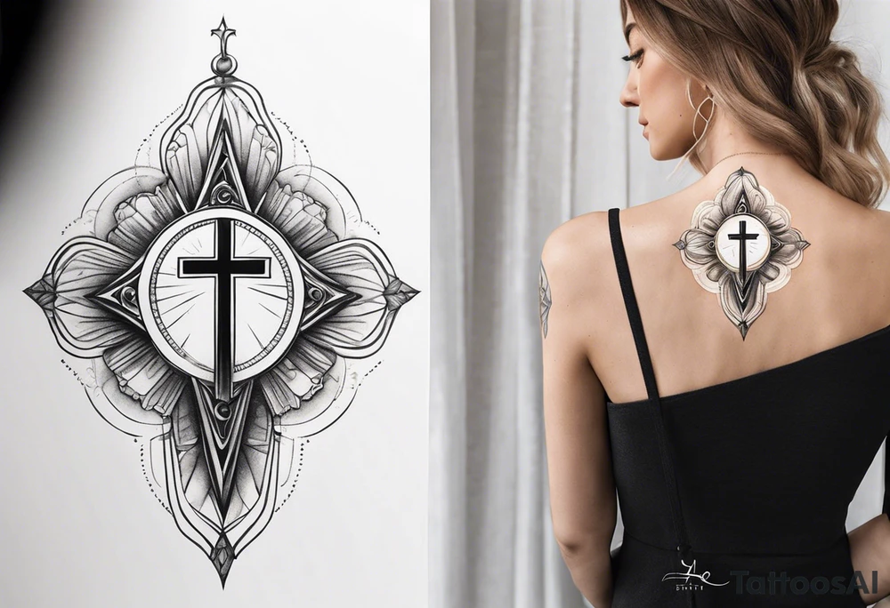 Semi realistic Tattoo: A refined cross with a soft halo on top of it, symbolizing light and spirituality. Delicate rays extend outward from the halo, adding a subtle glow and depth. The cross itself is simple and elegant, with potential for small, intricate line details within the design. Style: Semi realism tattoo idea