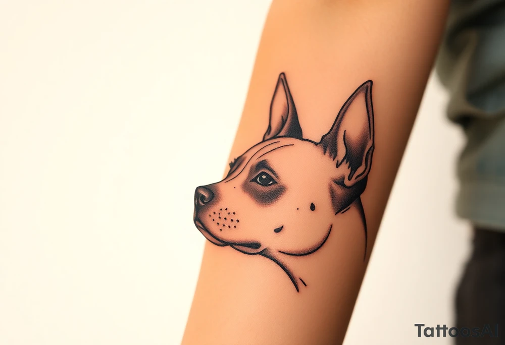outline of pitbull ears, next to the outline of austrailian cattle dog ears, as they look off into the sunset tattoo idea