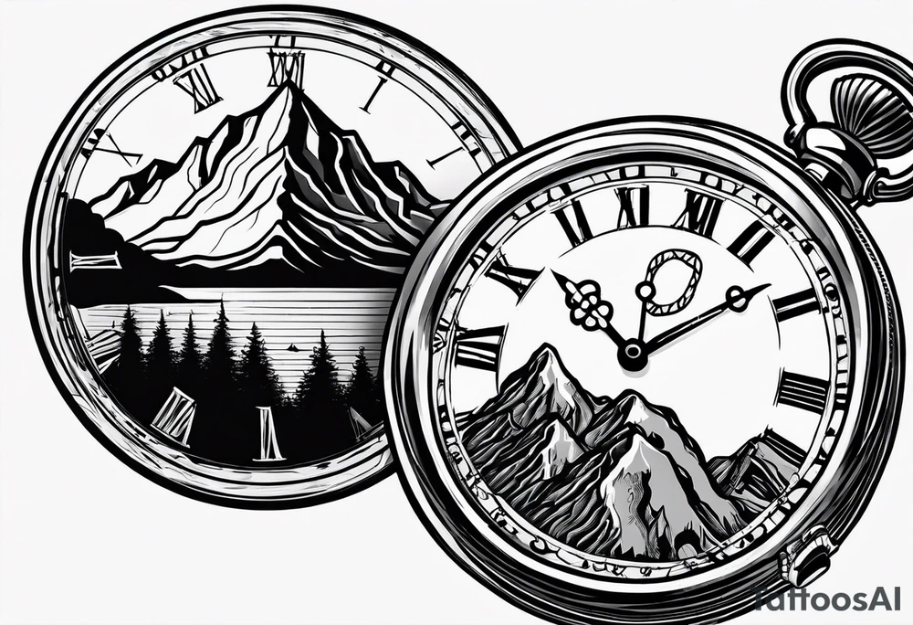 Pocket watch with mountains tattoo idea