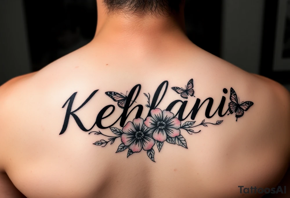 the name kehlani with flowers and butterflies red and black ink tattoo idea