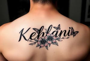 the name kehlani with flowers and butterflies red and black ink tattoo idea