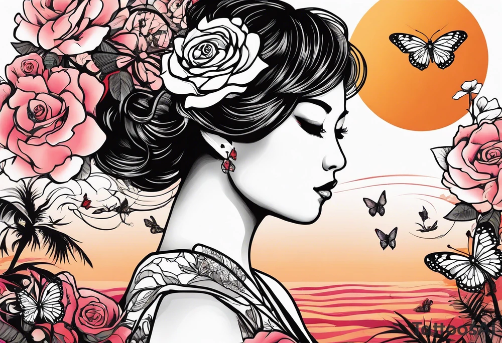 Sunset, palm trees, woman face, butterflies, rose, dragonflies tattoo idea