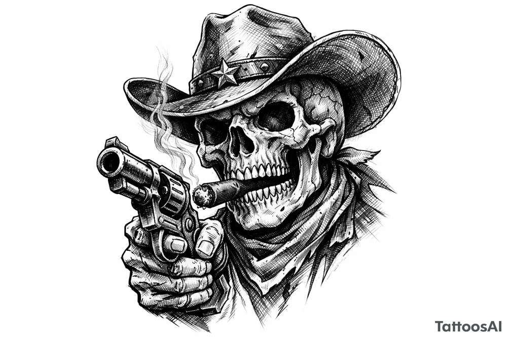 skull with cowboy-hat,a big cigar in his mouth and a gun in a hand. tattoo idea