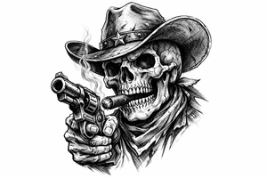 skull with cowboy-hat,a big cigar in his mouth and a gun in a hand. tattoo idea
