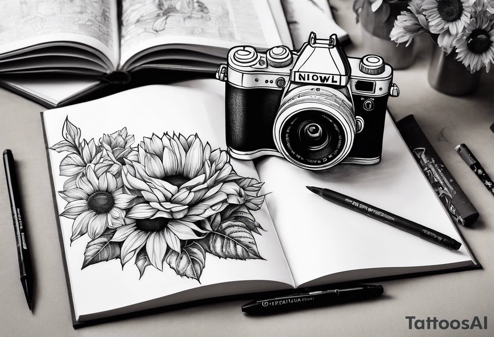 Sunflower, camera, book, owl, flower rose tattoo idea