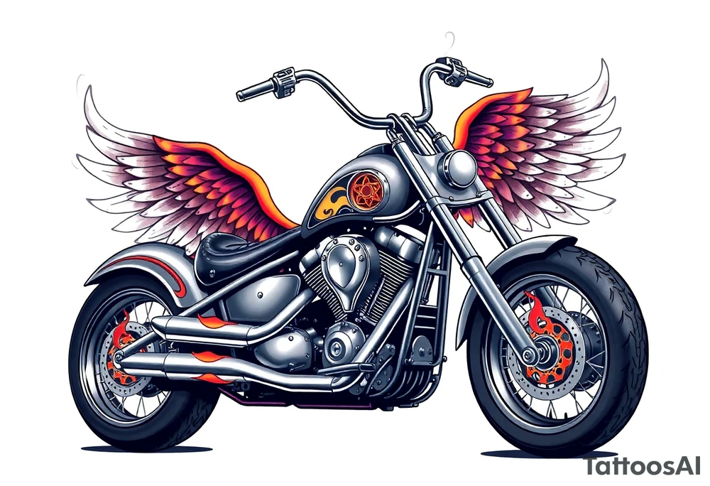 Low rider grey motorcycle, big muffler pipes with flames, angel wings tattoo idea