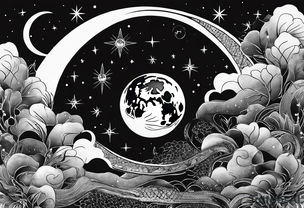 Fine line Snake around the moon phases with constellations tattoo idea