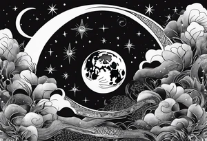 Fine line Snake around the moon phases with constellations tattoo idea