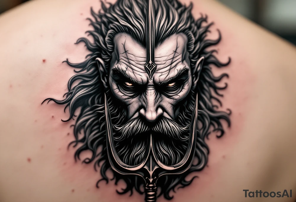 close-up gentle poseidon behind a trident tattoo idea