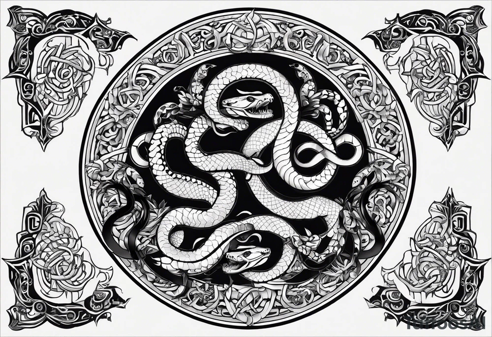 A shield adorned with coiled snakes and scorpions underneath. Bold outlines for the shield and creatures, with detailed patterns. Delicately depict the scales of snakes and the segmented bodies of scorpions. Integrate the creatures harmoniously with the overall design. tattoo idea