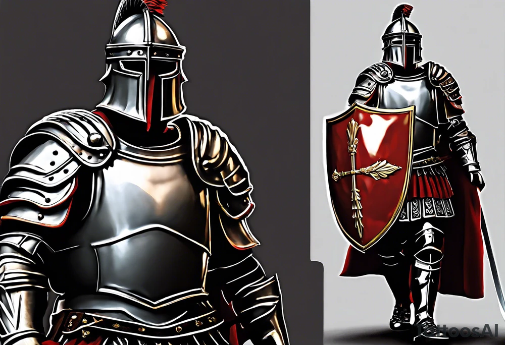 a high ranking roman centurion, soldier, AD 60, wearing armour which must include an armoured belt, breastplate, armoured shoes, shield, helmet and sword. the soldier is strong, tall, large, fit, muscular. the soldier is faceless. We can see the full body of the centurion, from his shoes to his helmet. The soldier is mid-battle, fending off flaming arrows with his shield, advancing towards the enemy, attacking the enemy. attacking pose. The image should be extremely detailed. Need to see the full soldier. tattoo idea