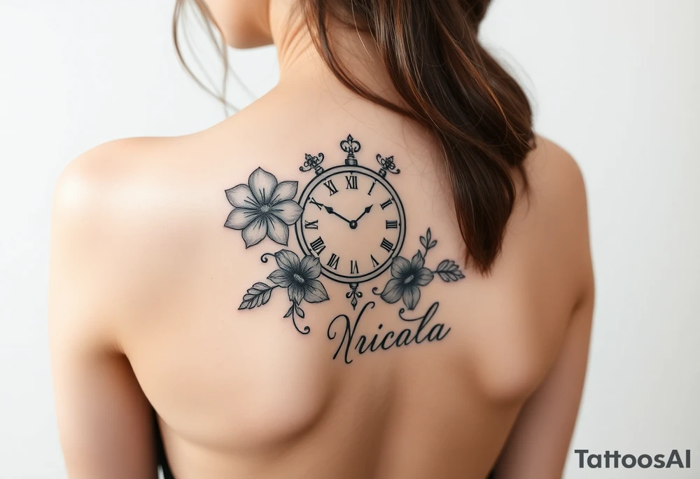 Fine line tattoo with March birth flower, a clock with the time 2pm and name nicola tattoo idea