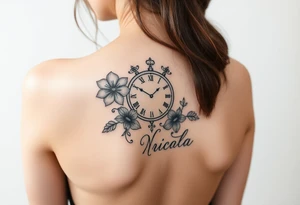 Fine line tattoo with March birth flower, a clock with the time 2pm and name nicola tattoo idea
