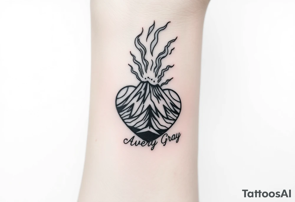 Female Geometric Volcano tattoo erupting in a heart with text Avery Gray on wrist tattoo idea
