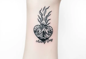 Female Geometric Volcano tattoo erupting in a heart with text Avery Gray on wrist tattoo idea