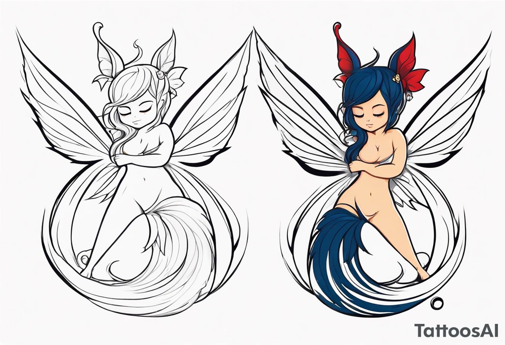 A fairy with a tail inspired by the logo of the show called Fairy Tail in a fetal position leaning in tattoo idea