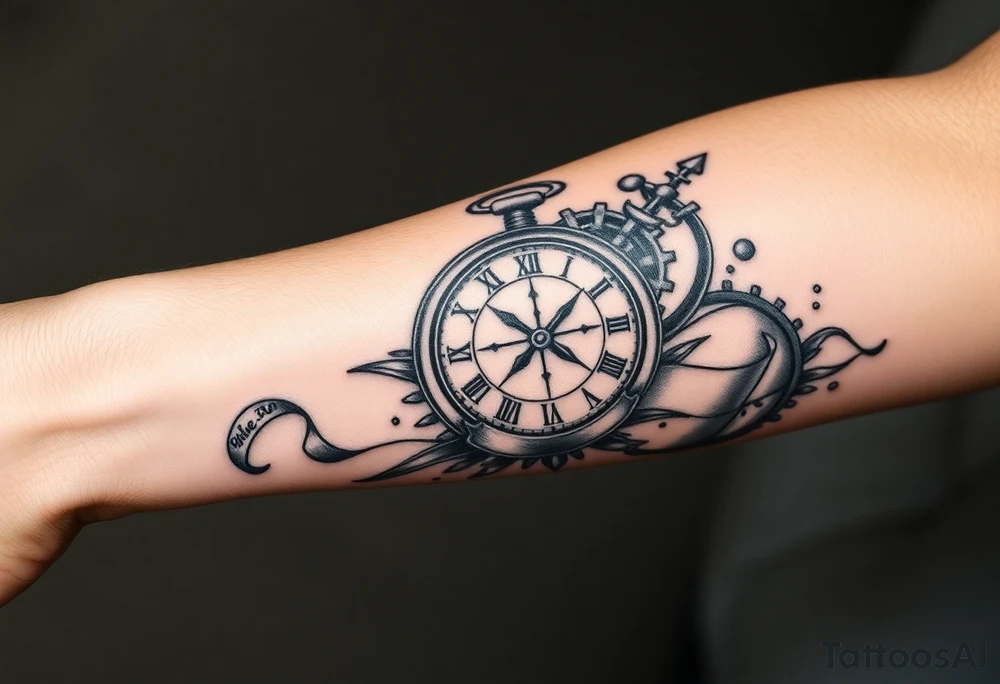 A meaningful tattoo for a 55-year-old man that embodies the themes of fatherhood, time, and integrity. Central to the design is a timepiece (such as a classic pocket watch, sundial, or hourglass) symbolizing his commitment to valuing and managing time despite challenges with focus due to ADD. The design incorporates subtle elements that celebrate his role as a father—perhaps small, meaningful symbols like initials, a family tree, or a compass pointing towards "home" to represent his children. Integrate dynamic elements like flowing sand, gears, or a ribbon of time to capture the feeling of focus and perseverance. The overall style can range from intricate realism to a more abstract or geometric design, depending on his preference.  Add a cross to represent his faith.  for a forearm tattoo idea